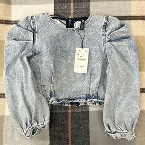 NWT Zara Denim Puff Sleeve Crop Top